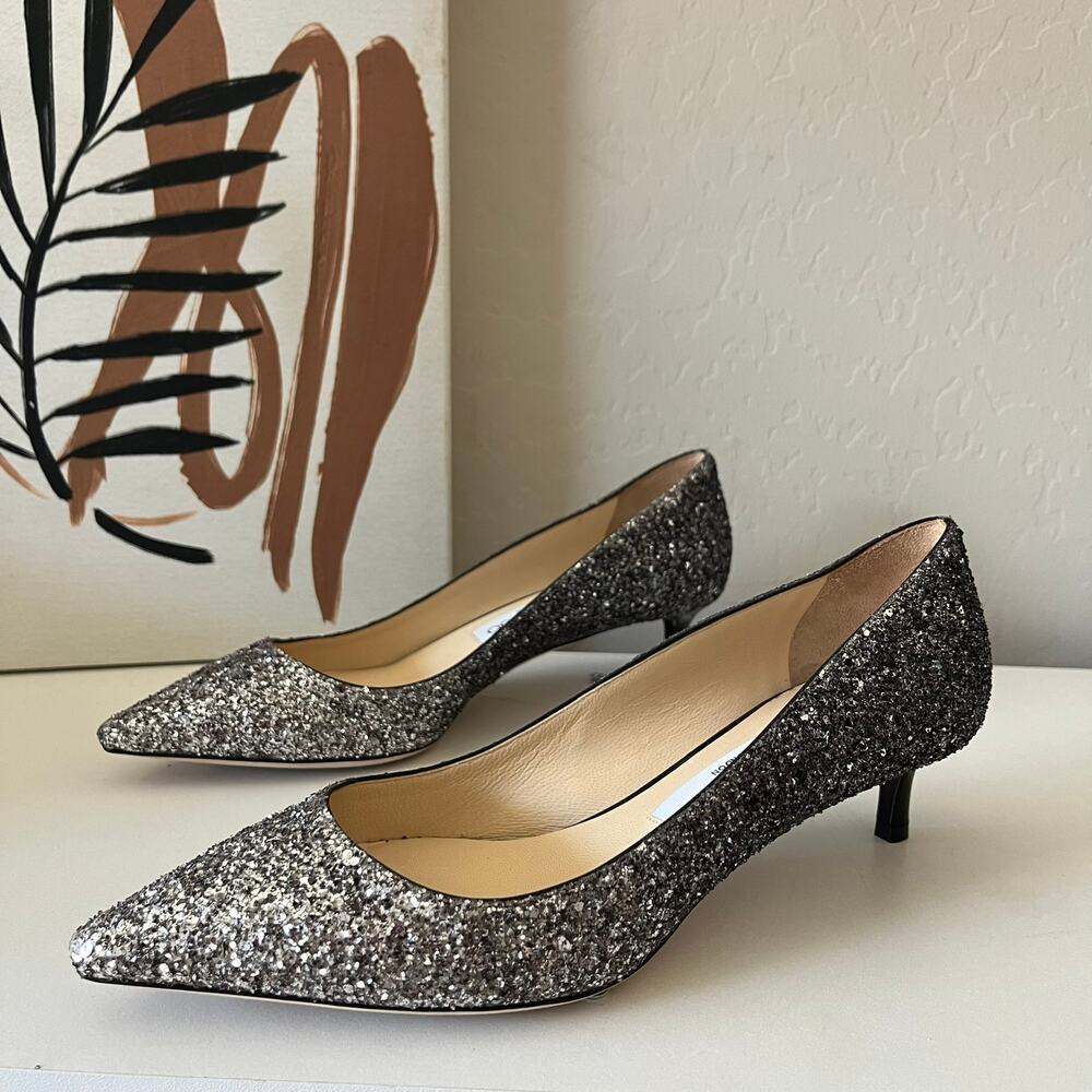 Jimmy Choo Romy Silver Glitter Pointed Toe Slip On‎ Kitten Heel Pumps Size 37